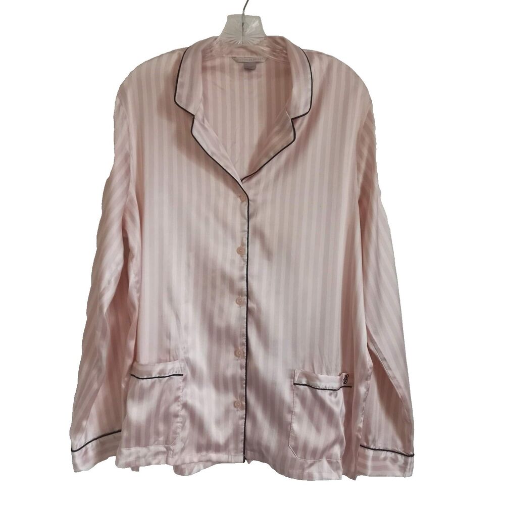 Victoria's Secret Pajama Top Satin Button Sleep Lounge Pink White Long Sleeve L